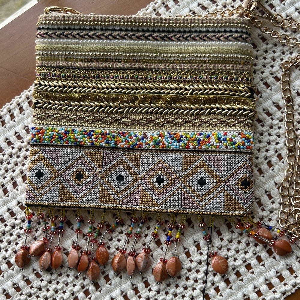 Beaded Bag Gold Pink Natural Light Tan Gold Chain Crossbody New With Issue
